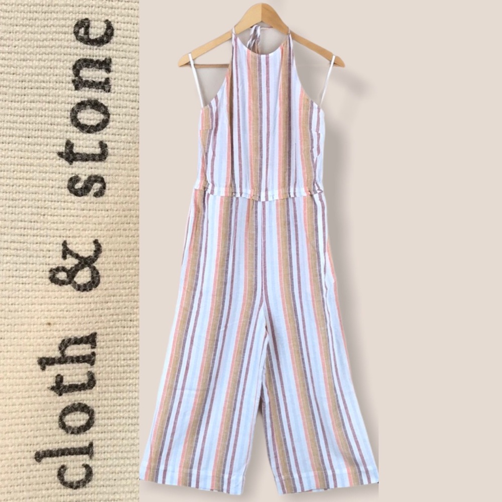 Cloth & Stone Halter Linen Rayon Striped Jumpsuit